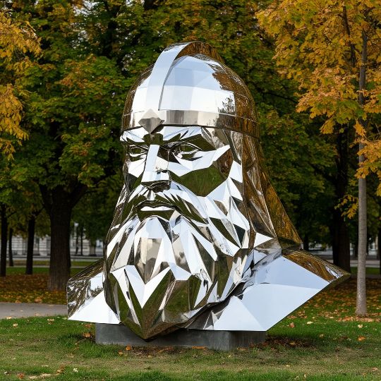 Голова полигональная скульптура из нержавеющей стали, металлические скульптуры из полированной нержавеющей стали. сделанные на заказ, под ключ. с доставкой по РФ. Парковая форма. Городская скульптура.