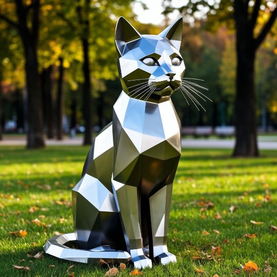 кошка полигональная скульптура из нержавеющей стали, металлические скульптуры из полированной нержавеющей стали. сделанные на заказ, под ключ. с доставкой по РФ. Парковая форма. Городская скульптура.