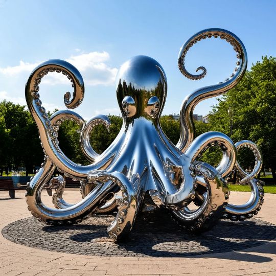 Осьминог из нержавеющей стали, заяц, изготовлена из нержавеющей стали, полированная. Парковая скульптура. фигура осьминог, морские животные.
