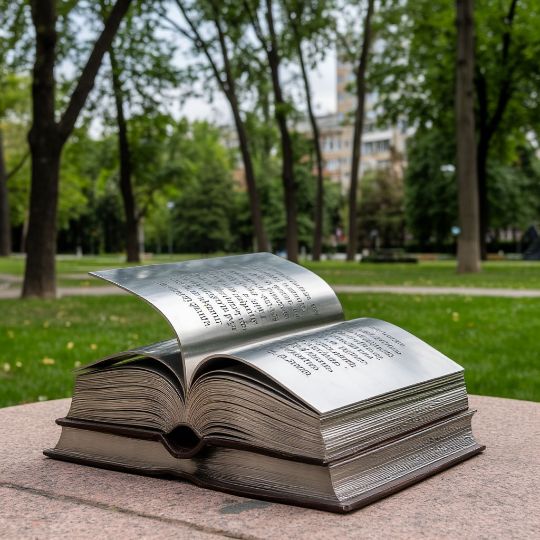 Арт объект книга из нержавеющей стали. Городская скульптура. Парковая фигура. Доставка по России. Изготовление скульптур на заказ.