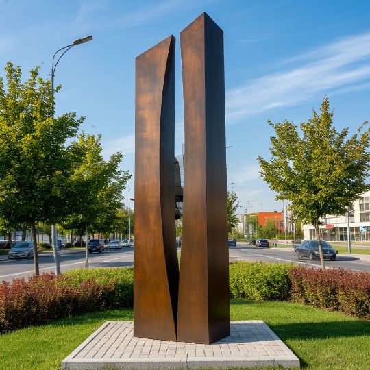 Стела скульптура из нержавеющей стали, металлические скульптуры из полированной нержавеющей стали. сделанные на заказ, под ключ. с доставкой по РФ. Парковая форма. Городская скульптура.