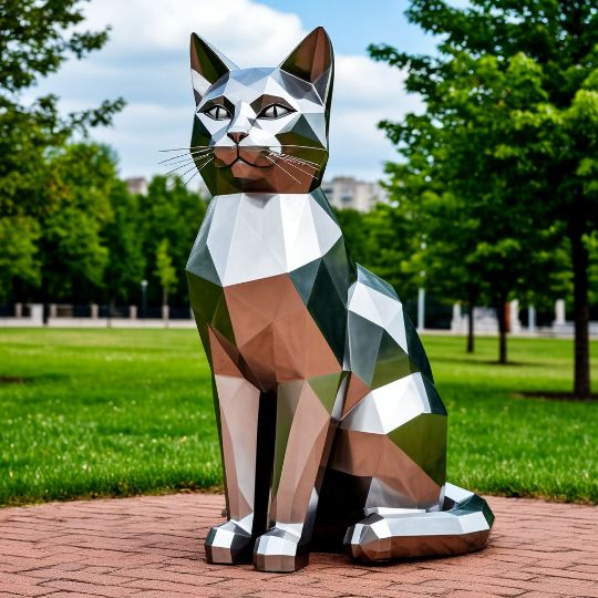 Мотроскин кошка полигональная скульптура из нержавеющей стали, металлические скульптуры из полированной нержавеющей стали. сделанные на заказ, под ключ. с доставкой по РФ. Парковая форма. Городская скульптура.