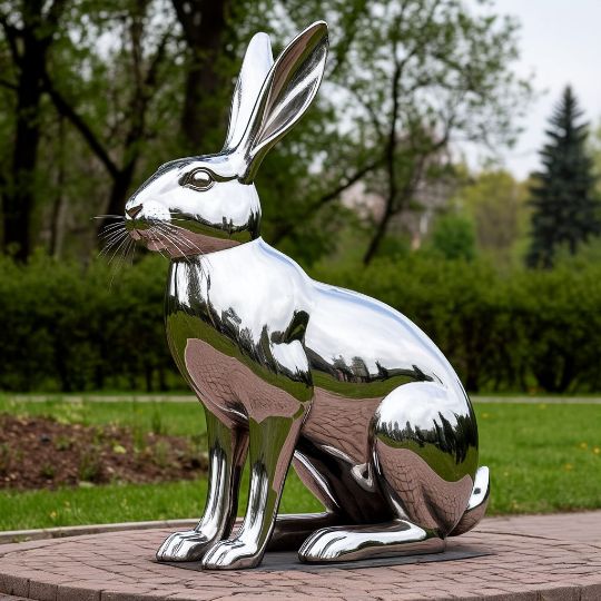 Полигональная фигура, заяц, изготовлена из нержавеющей стали, полированная. Парковая скульптура.