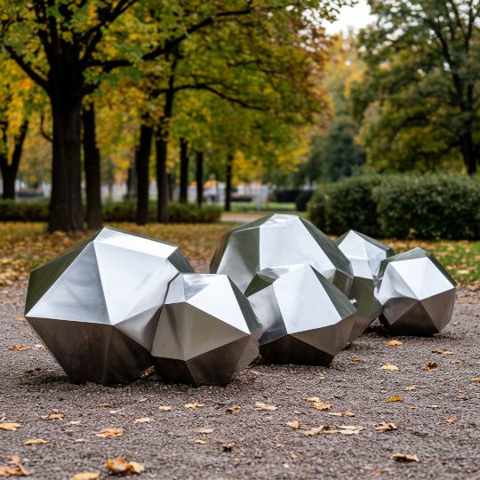 Камни скульптура из нержавеющей стали, металлические скульптуры из полированной нержавеющей стали. сделанные на заказ, под ключ. с доставкой по РФ. Парковая форма. Городская скульптура