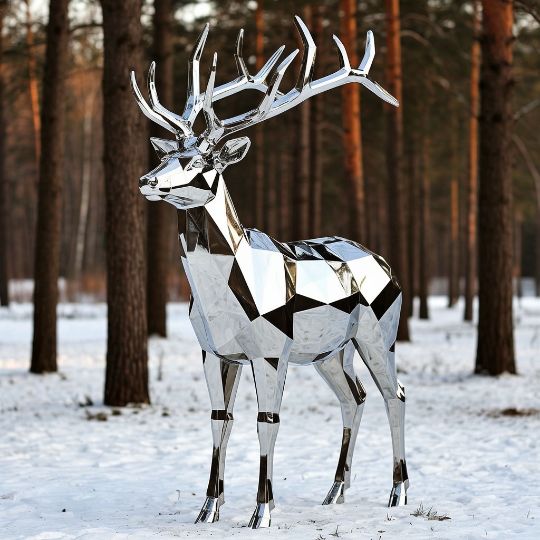 Полигональный олень из нержавеющей стали, дизайнерская скульптура, для торгового центра, металлические скульптуры, изделия из полированной нержавеющей стали на заказ. Парковая фигура, городская скульптура