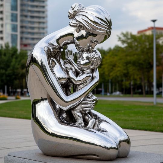 Семья, мать и ребенок скульптура из нержавеющей стали, металлические скульптуры из полированной нержавеющей стали. сделанные на заказ, под ключ. с доставкой по РФ. Парковая форма. Городская скульптура.