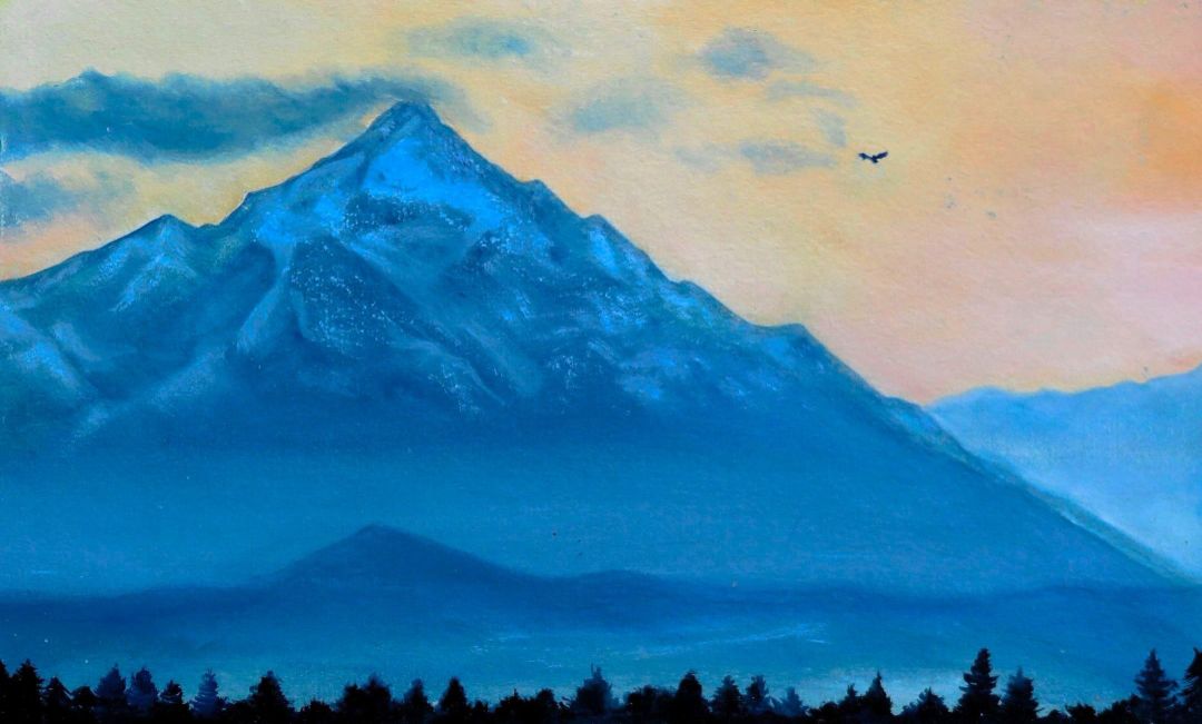 НЕБЕСНЫЙ ПОЛЕТ НАД ГИМАЛАЯМИ /холст, масло/30х50/2015