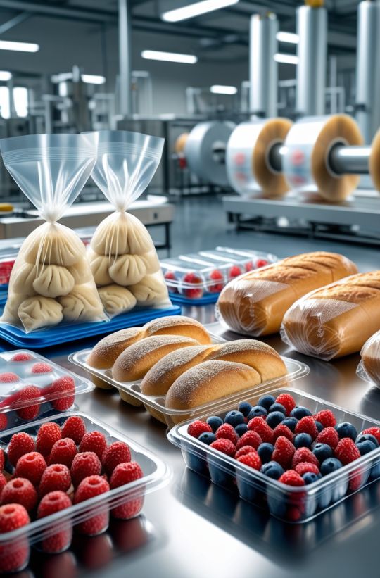 Пленки и материалы для упаковки продуктов (пельмени, хлеб, ягоды)