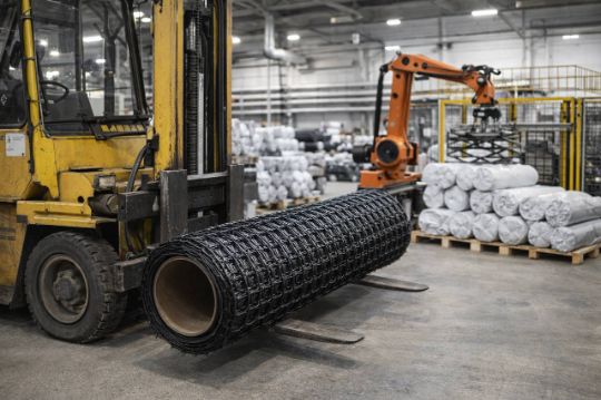 Вилочный погрузчик перемещает рулон геосетки на складе Техноконтур — геосинтетические материалы для армирования оснований