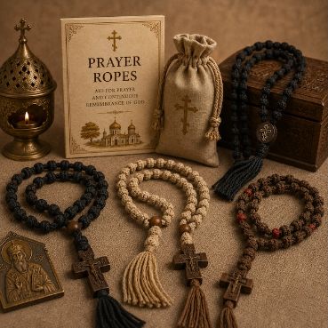 Prayer Rope — Buy Orthodox prayer rope (komboskini) in South Africa. The prayer rope is the most personal of Orthodox devotional items — a woven wool cord with 33, 50 or 100 knots, used to count the repetitions of the Jesus Prayer: 'Lord Jesus Christ, Son of God, have mercy on me.' Orthodox believers wear it on the wrist or hold it during prayer; it gently reminds the heart to pray throughout the day. Our prayer ropes are handmade in the monastic tradition. Devotional items are more than accessories: they are visible signs of faith, companions in prayer and gifts that carry blessing and meaning. We bring Orthodox goods to customers across South Africa. Local delivery in Pretoria and Johannesburg, nationwide courier elsewhere. Prices in ZAR. Pray with the Orthodox monastic tradition with Orthodox Africa.