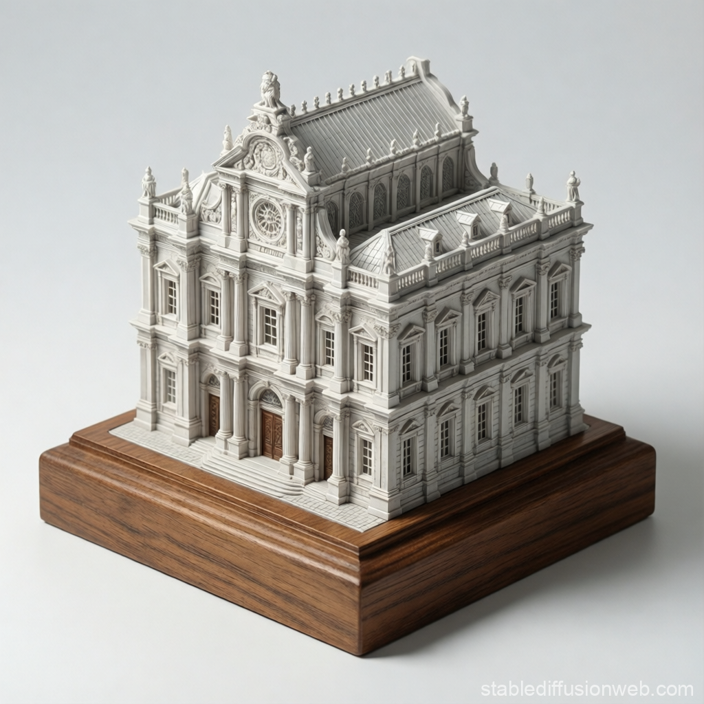 Высокодетализированная 3D-модель исторического здания, архитектурный сувенир-миниатюра на подставке.