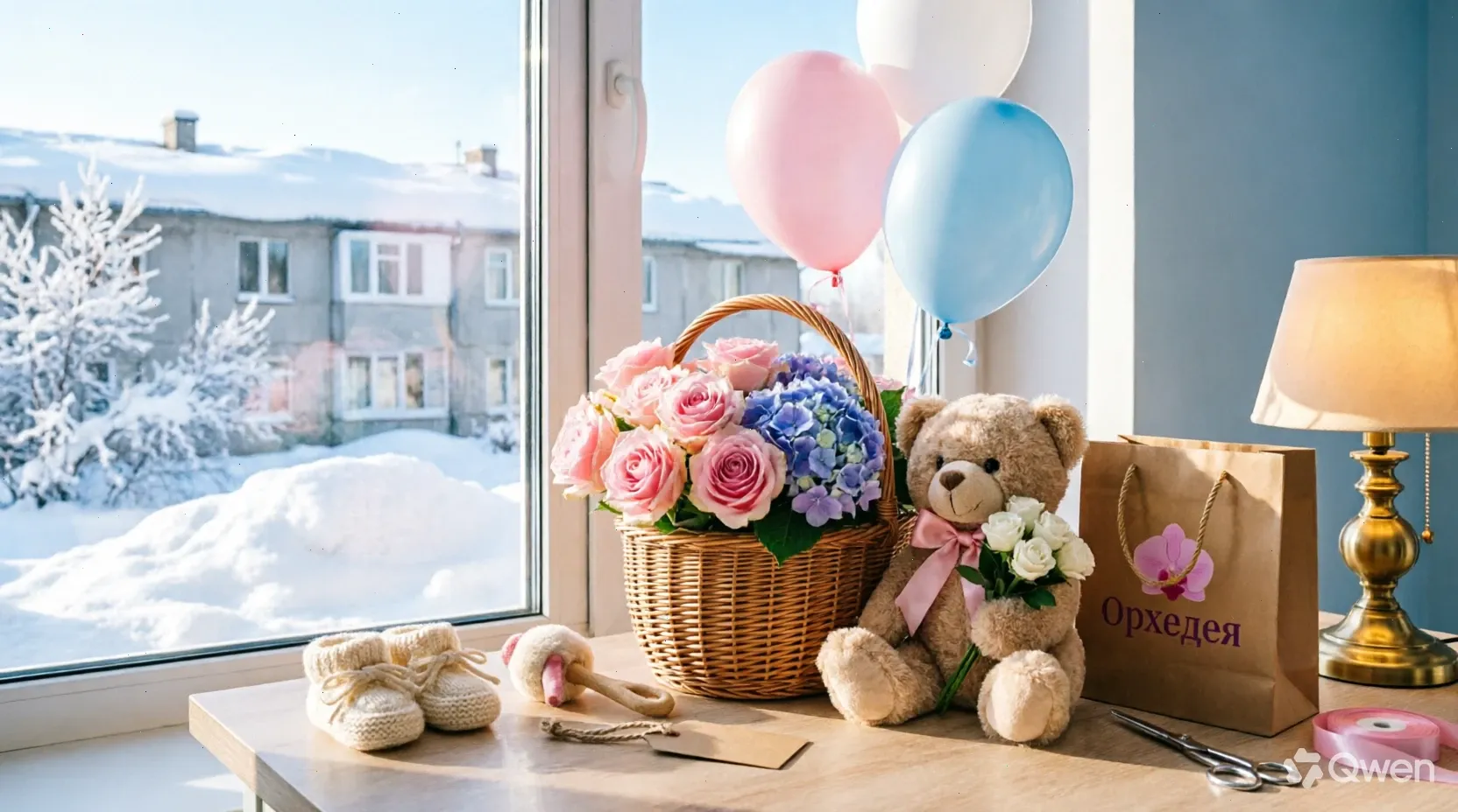На выписку из роддома — самый трогательный момент: корзина с розовыми розами и голубой гортензией, плюшевый медведь с мини-букетом, розово-голубые шары с гелием и вязаные пинетки рядом с фирменным пакетом «Орхидея» на фоне зимнего города
