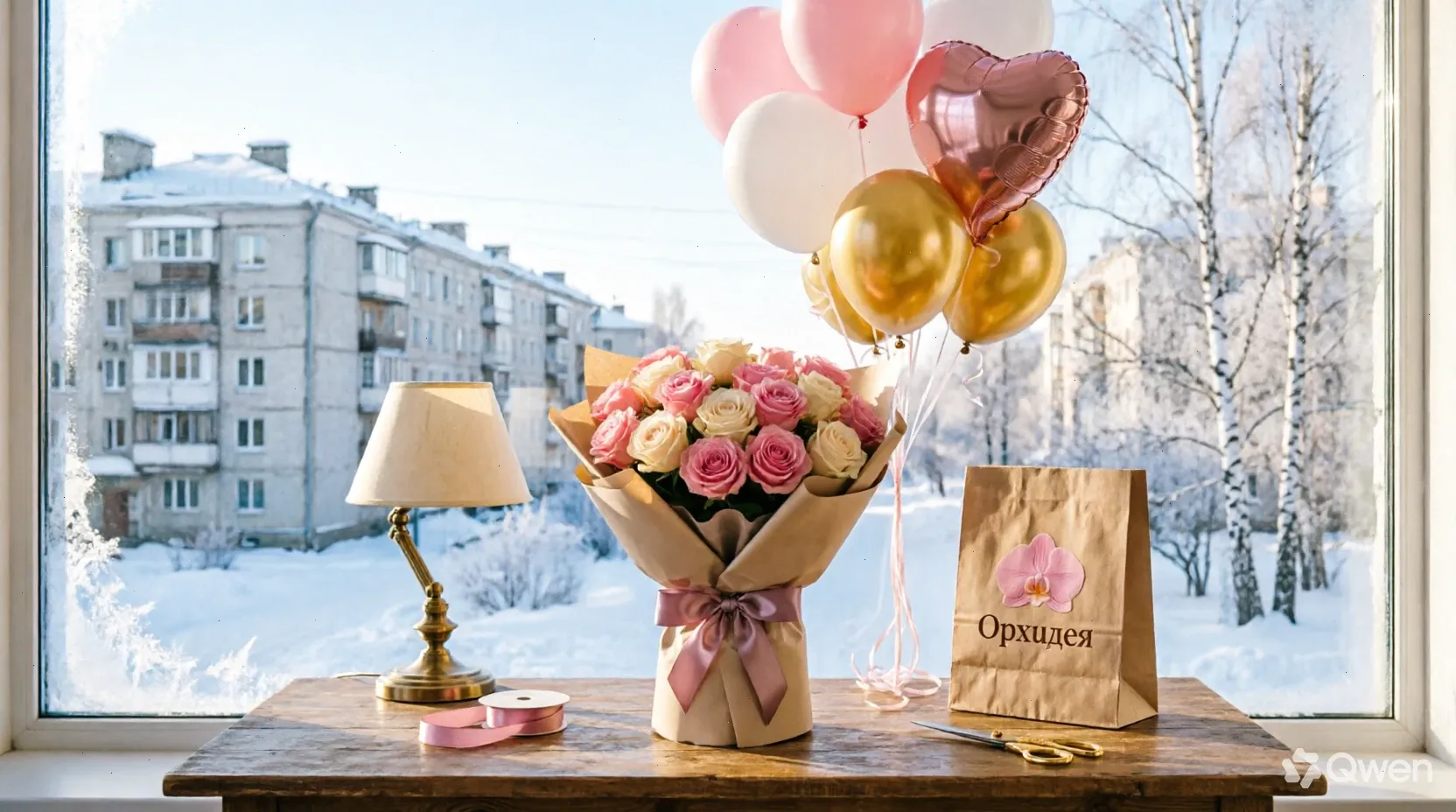 Шары к букету — как усилить подарок: связка шаров с гелием и фольгированным сердцем привязана к букету роз в крафтовой упаковке рядом с фирменным пакетом «Орхидея» на фоне зимнего города