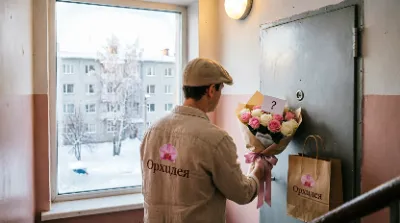 Анонимная доставка цветов по Кемерово: курьер «Орхидея» оставляет букет роз с карточкой-загадкой у двери — имя отправителя останется тайной