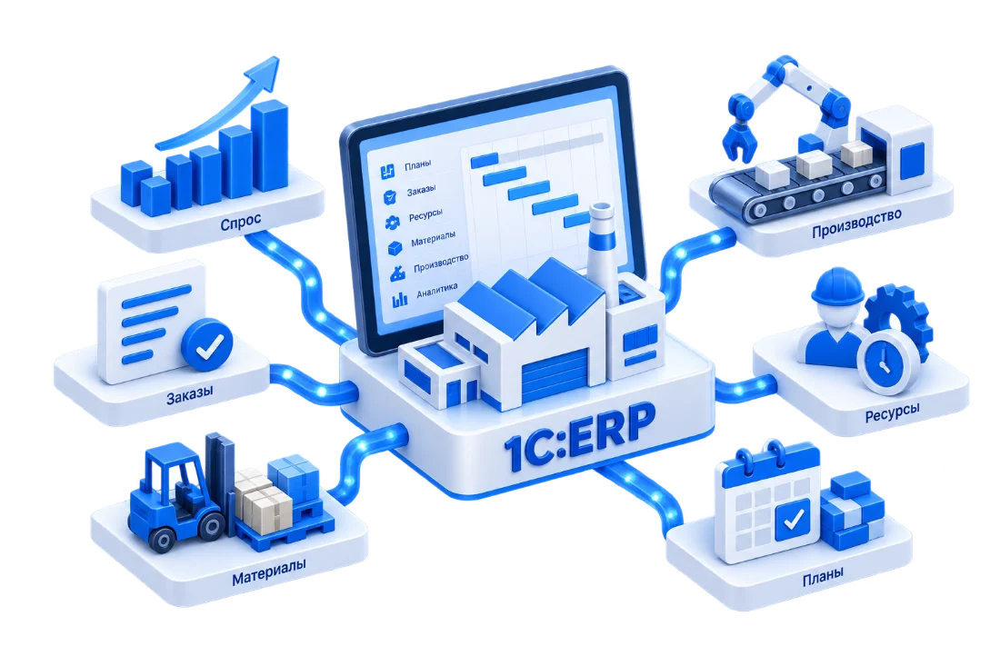 Изометрическая схема производственного планирования в 1С:ERP: спрос, заказы, материалы, ресурсы, планы и производство вокруг ядра системы