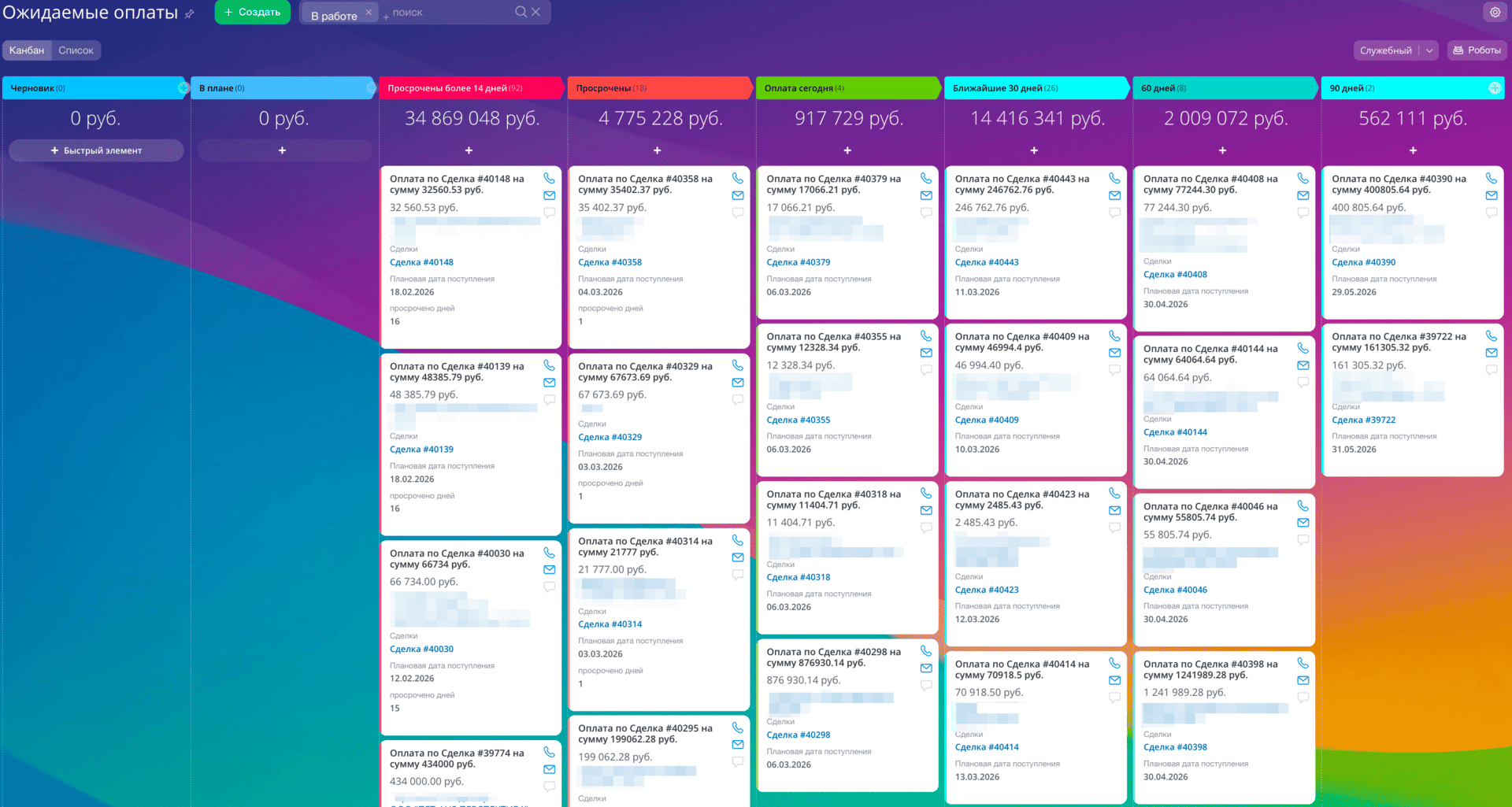 Пример списка платежей по сделкам в Битрикс24.