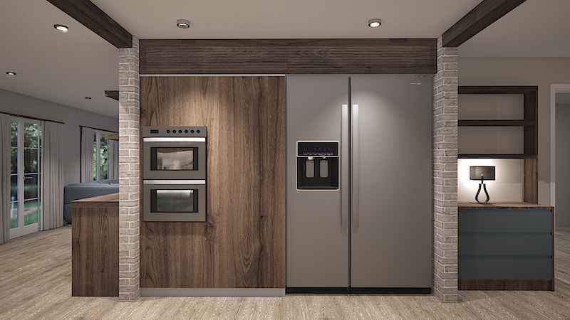 Built-in refrigerator, kitchen storage, oven, and microwave.