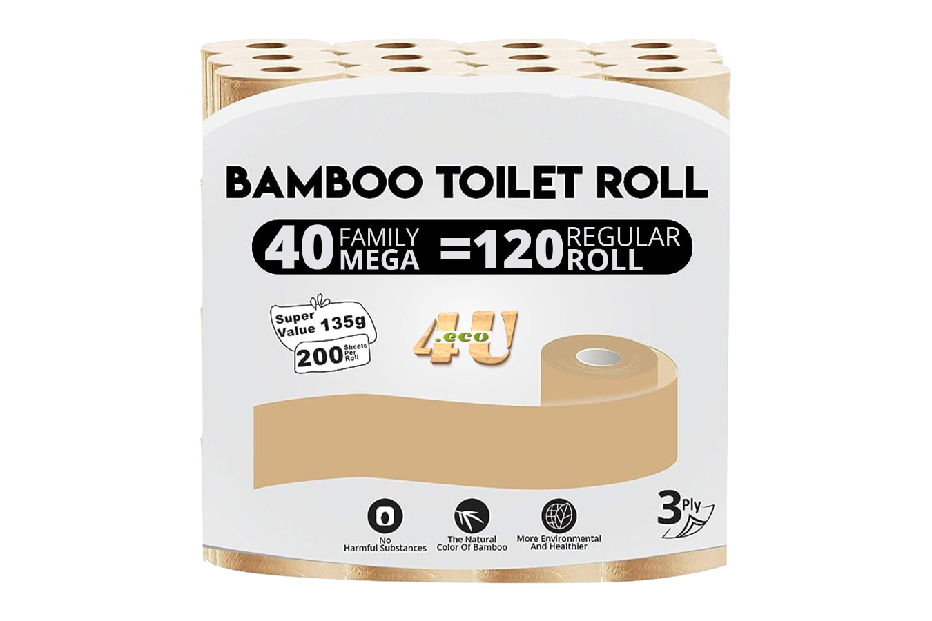 Не отбеленная туалетная бумага из бамбука 40 штук