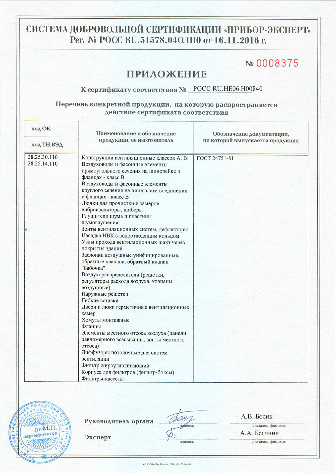 приложение к сертификату соответствия