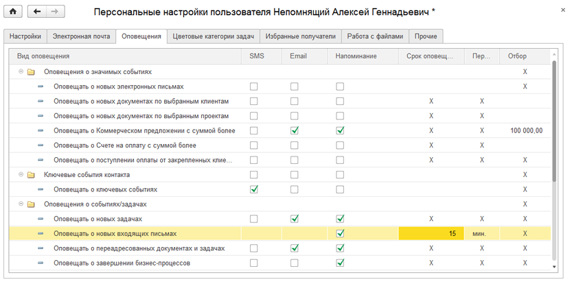 Настройка оповещений пользователя