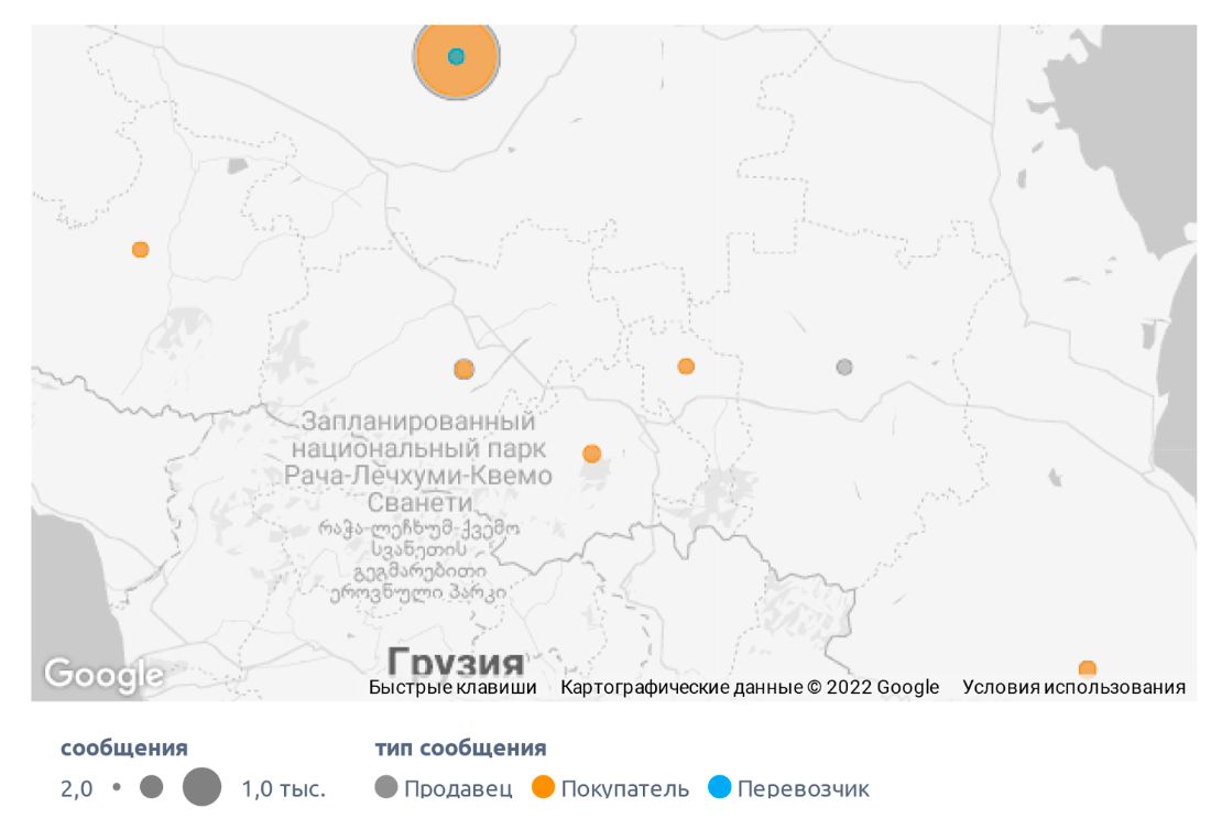 Сообщения на карте в Северо-Кавказском федеральном округе (октябрь 2021 г. - март 2022 г.),