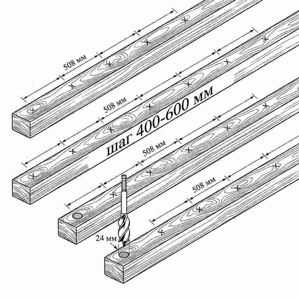 Разметка и сверление лаг для монтажа регулируемого пола. Шаг отверстий