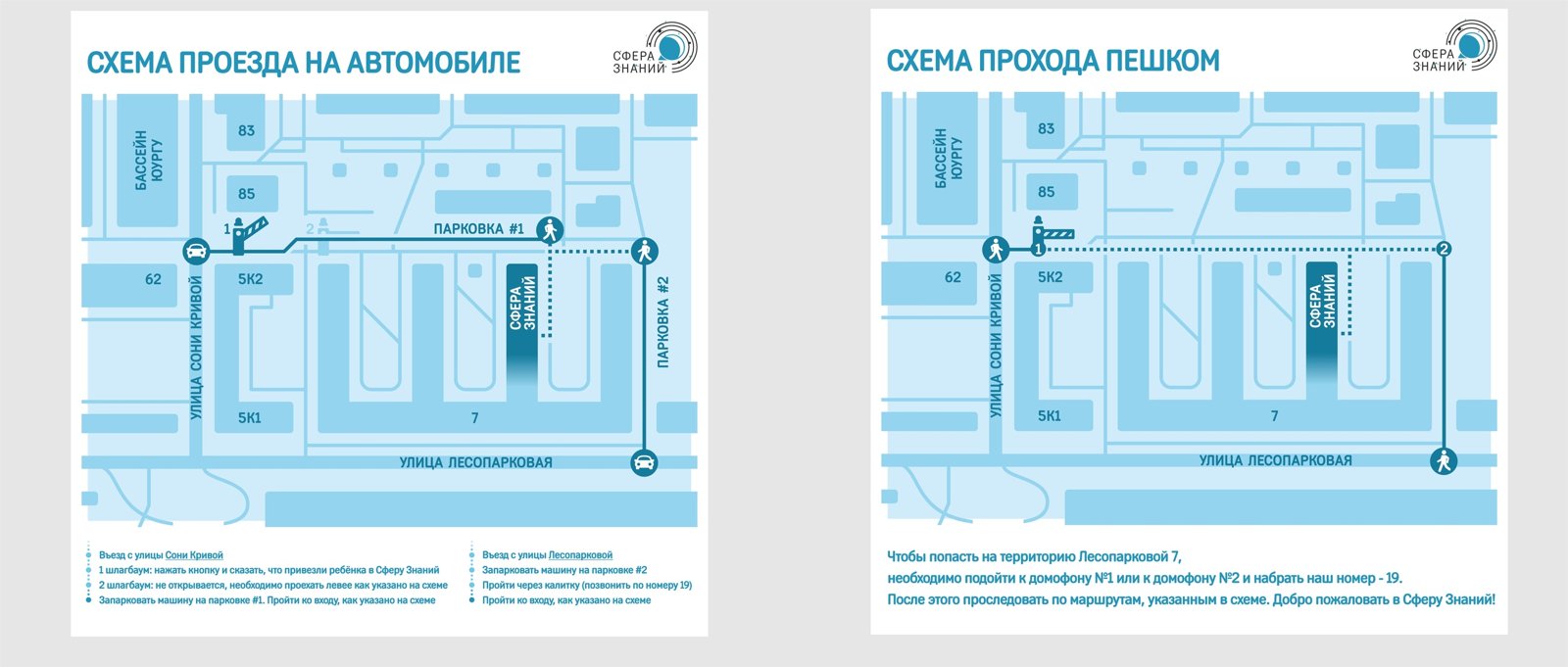 Схема прохода и проезда к «Сфере Знаний», Лесопарковая, 7: домофон № 19, парковки